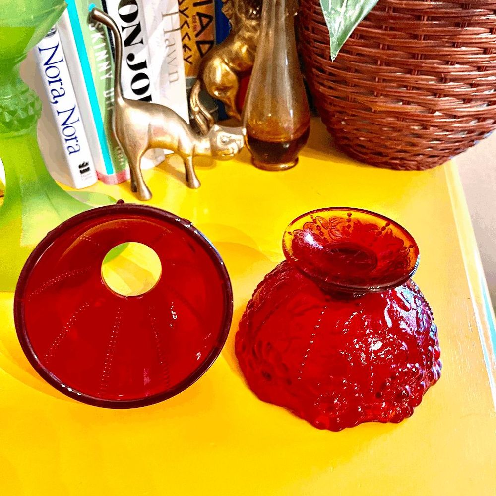 Vintage Fenton Daisy Beaded Amberina Glass Fairy Lamp - Picture 2 of 6